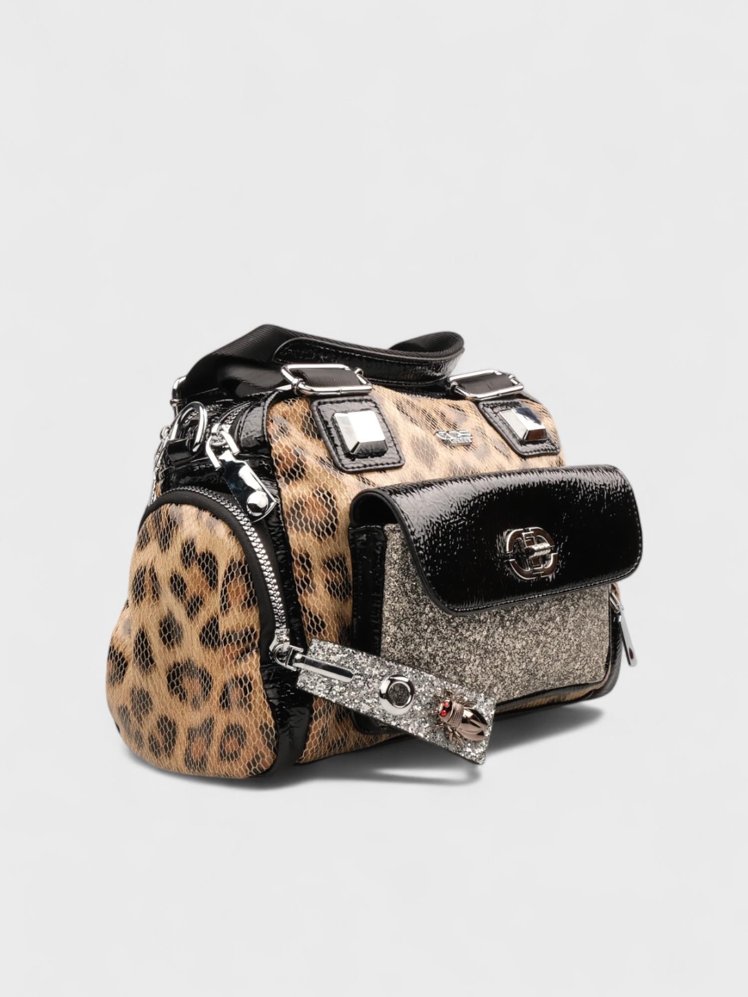 SUSHILAN Leopard Print and Black Glitter Handbag
