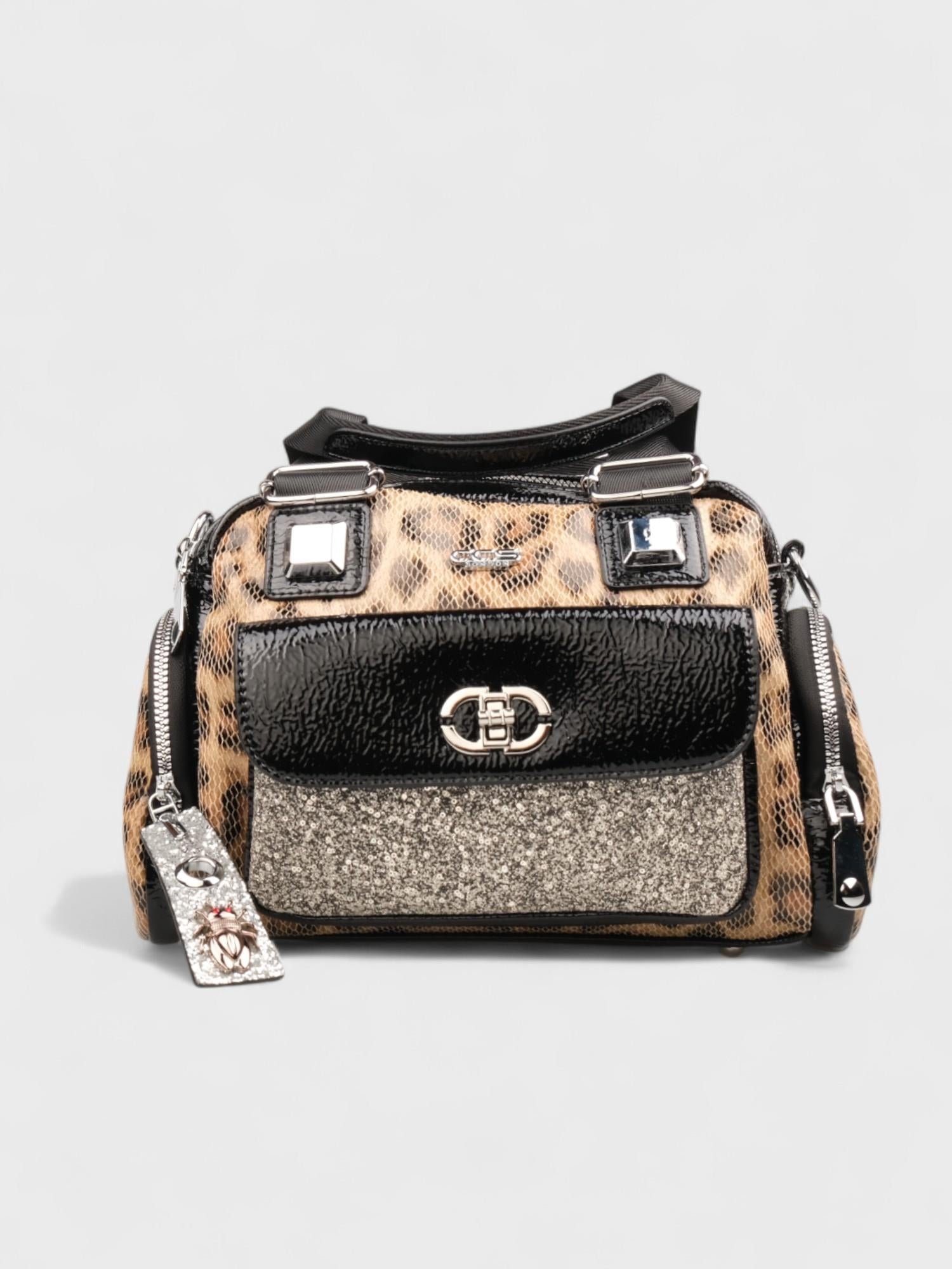 SUSHILAN Leopard Print and Black Glitter Handbag