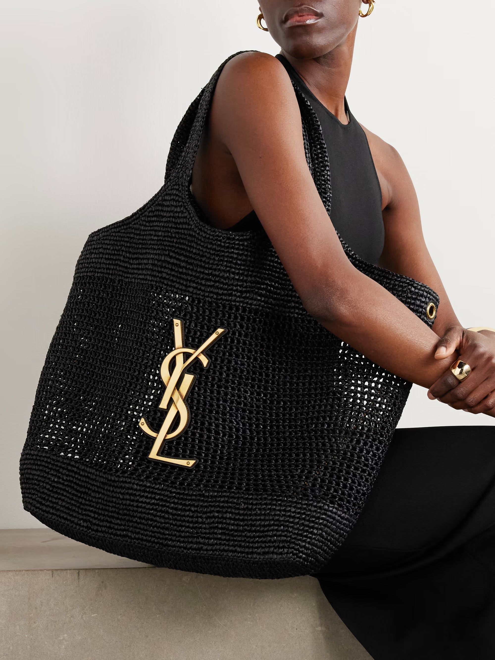 SAINT LAURENT Icare maxi embellished leather-trimmed raffia tote