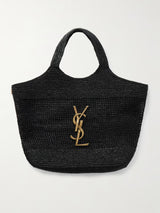 SAINT LAURENT Icare maxi embellished leather-trimmed raffia tote