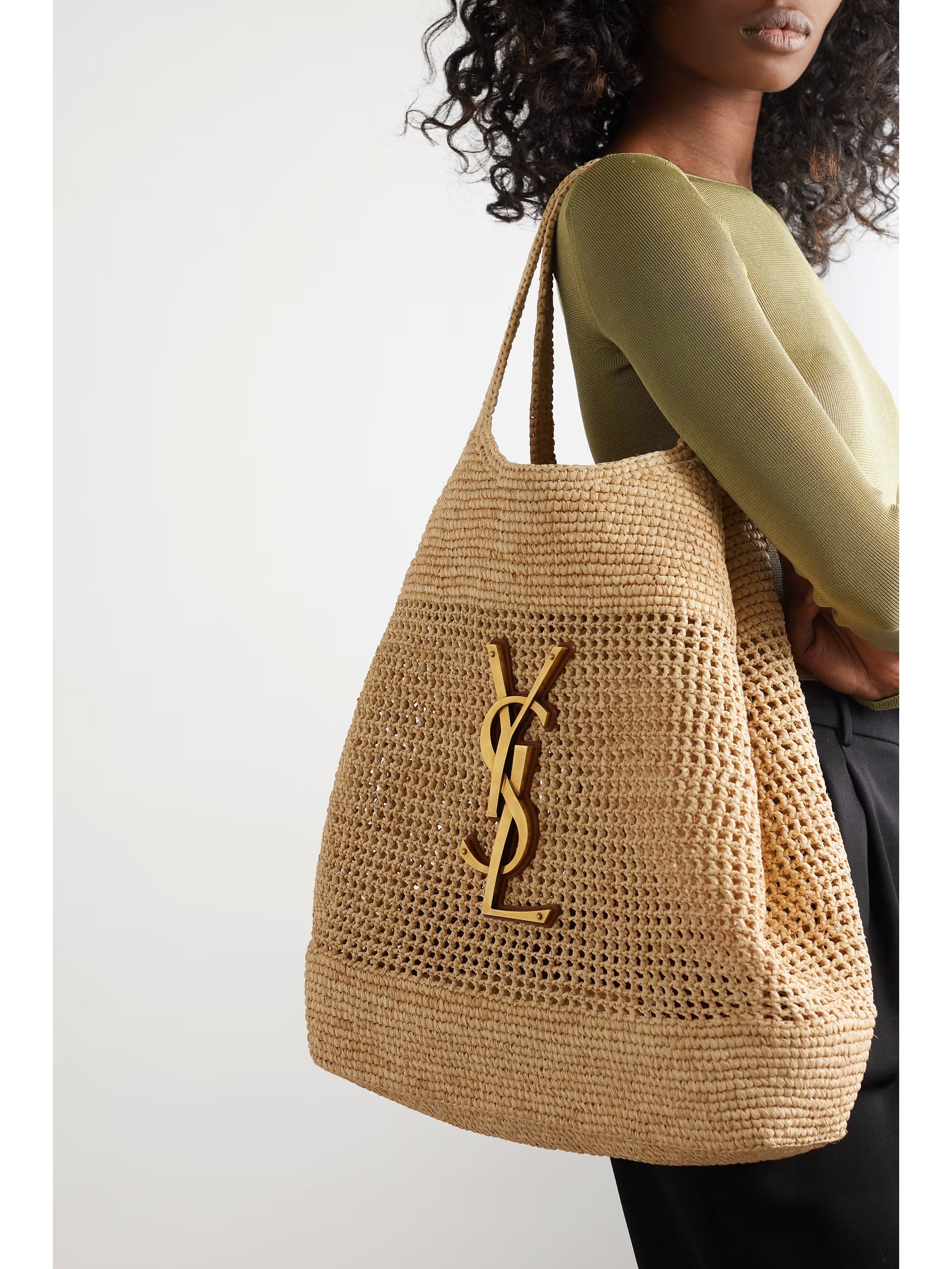 SAINT LAURENT Icare maxi embellished leather-trimmed raffia tote